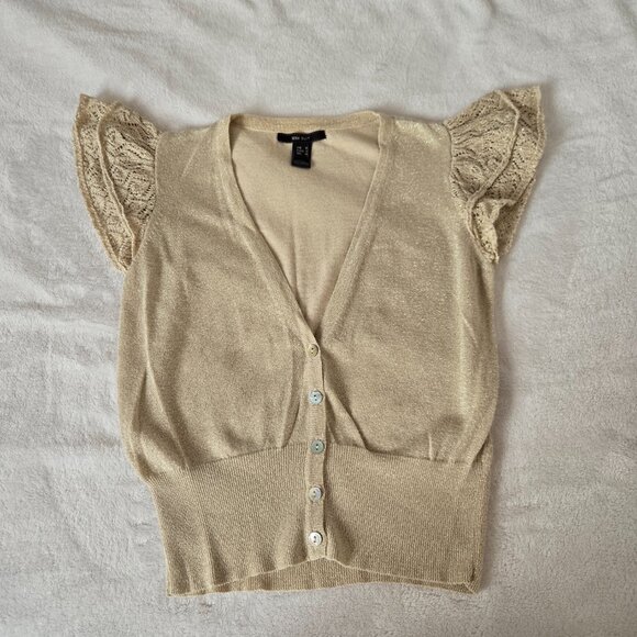 Mango Gold Glitter Knit Cardigan Crouched Short Sleeve Trim Button Front Top M - Picture 1 of 9